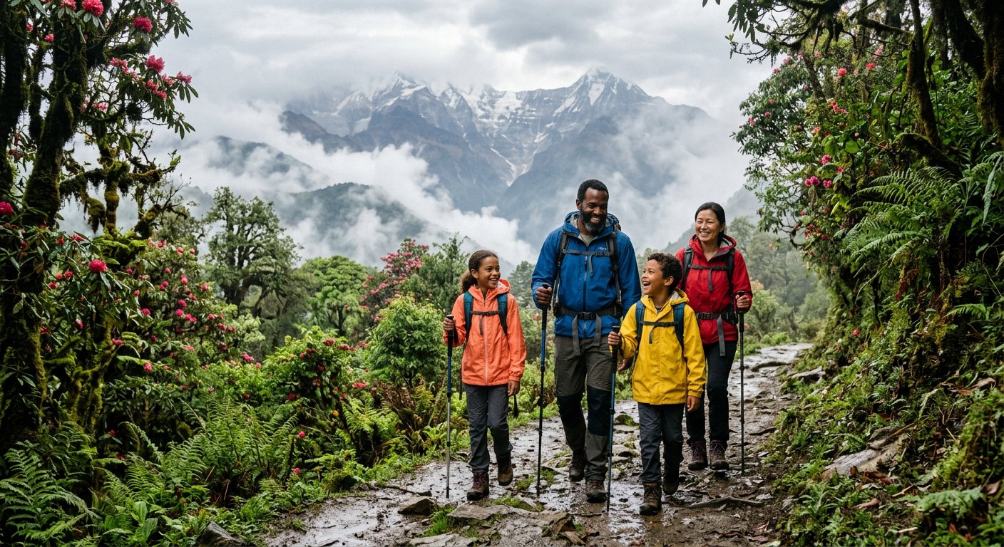 Happy family trekking in Nepal during summer monsoon season with lush green Himalayan backdrop