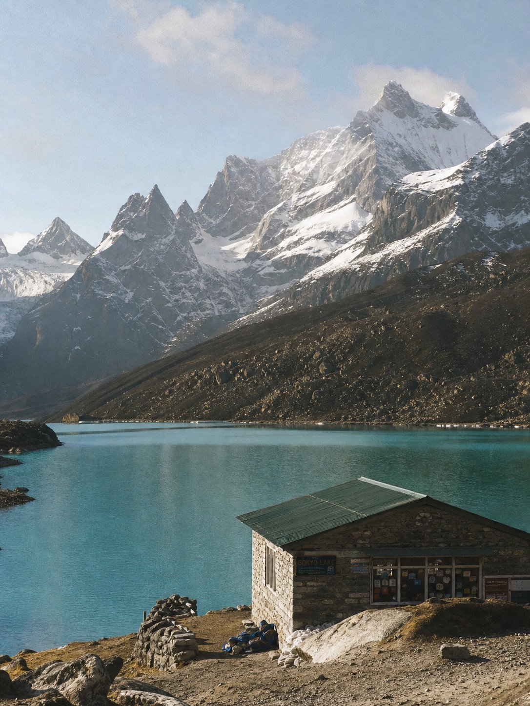 A stone teahouse beside the turquoise Gokyo lakes beneath snow-covered Himalayan peaks