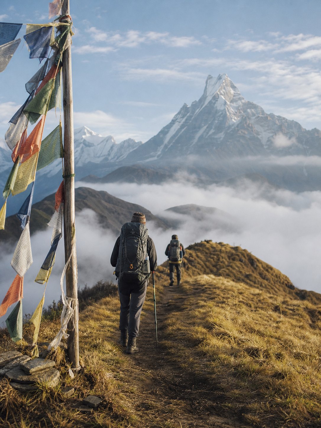 Trekkers on a grassy ridge trail with prayer flags and Machhapuchhre rising above the clouds