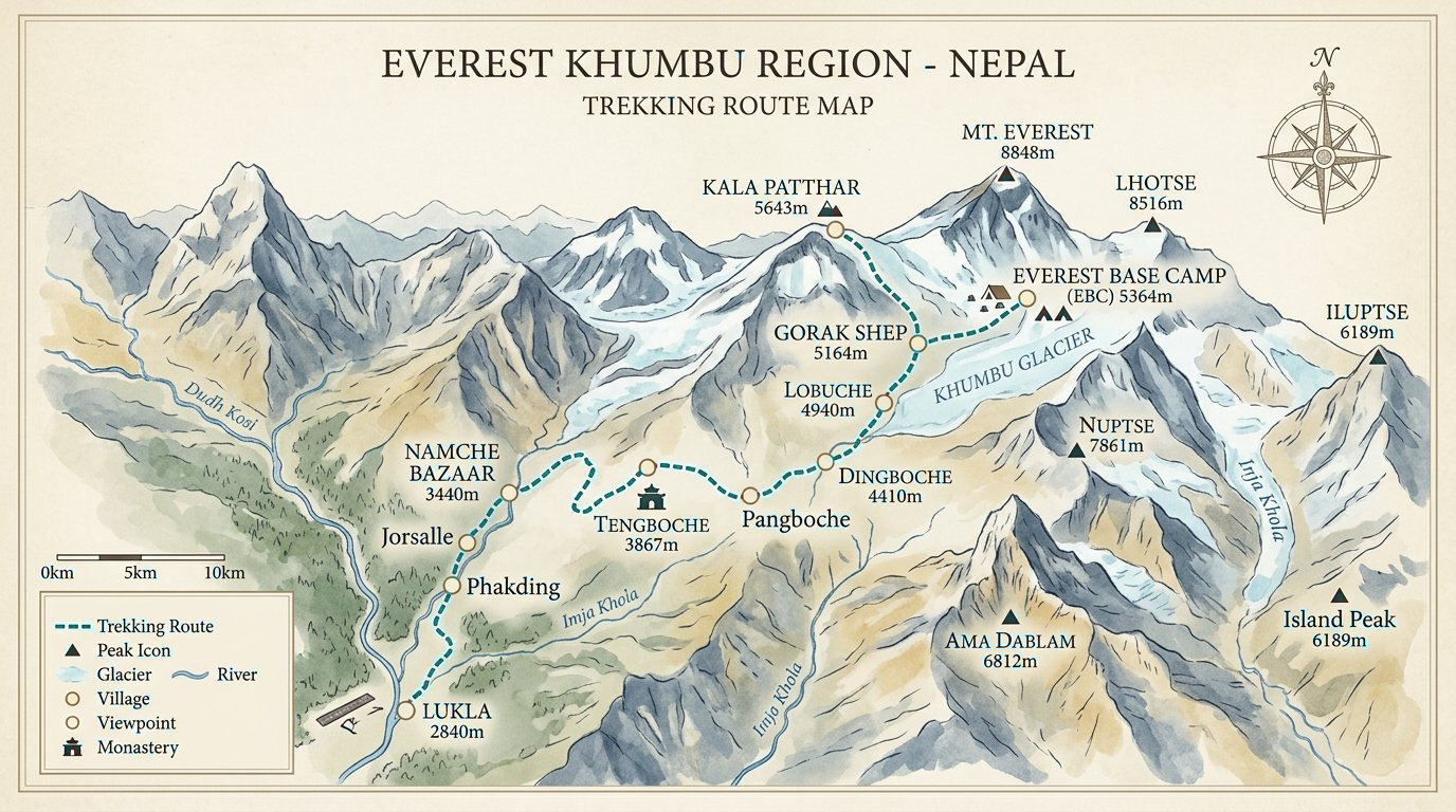 Illustrated route map of the Manaslu Circuit trek showing villages, altitudes and the daily trail